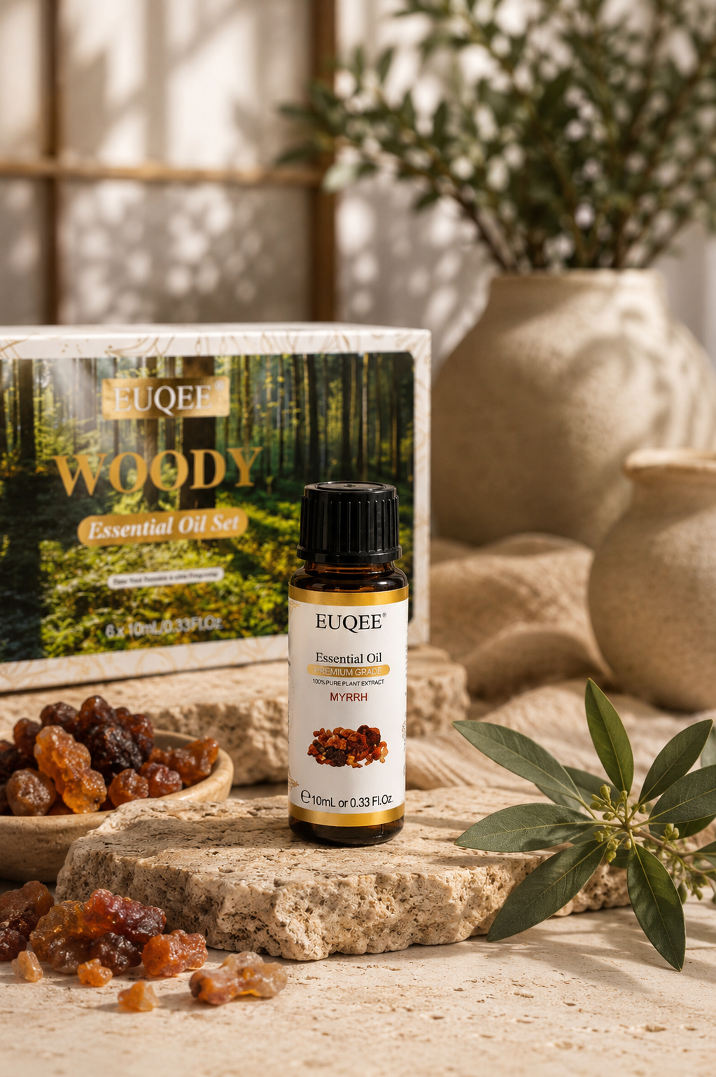 Woody essential oils (cedar, eucalyptus, myrrh, cinnamon, frankincense, sandalwood)